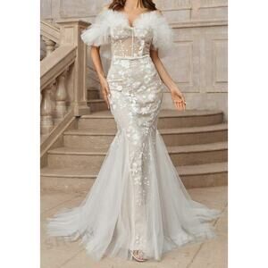 Shein White Off Shoulder Embroidered Lace Fishtail Wedding Dress Size Small